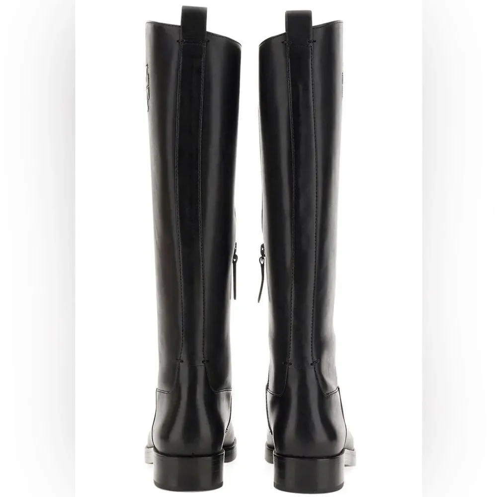 Tory Burch | Tory Burch Logo Embossed Riding Boots in Black | 6.5 M